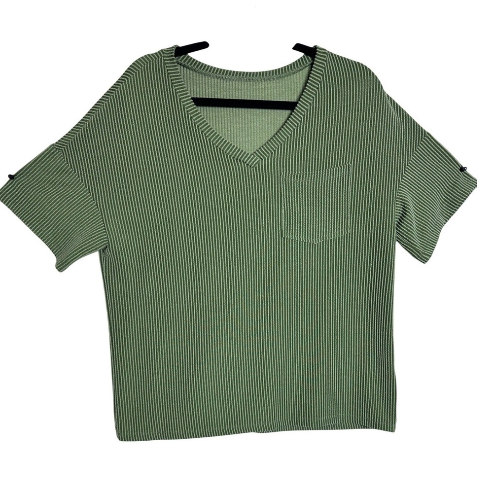 Womens Fashion Casual Green Striped V Neck Pocket Tee Shirt Top Size M